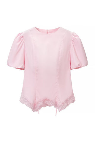 Round Neck Puff Sleeve Lace Trim Drawstring Blouse