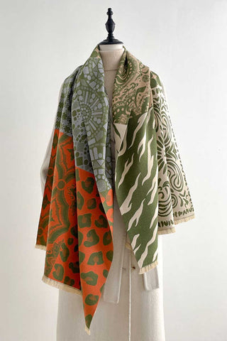 Mixed Print Patchwork Fringe Wrap Scarf