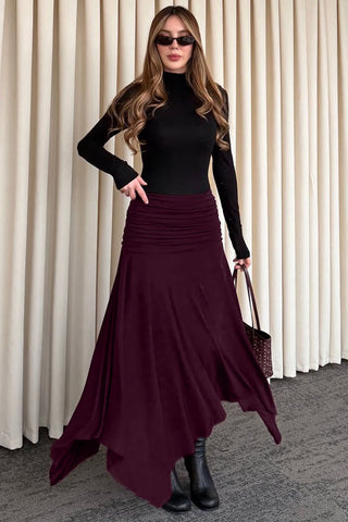 Ruched High-Waist Asymmetrical Midi Skirt