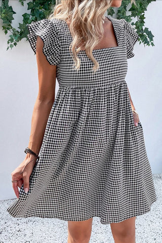 Gingham Flutter-Sleeve Casual Dress