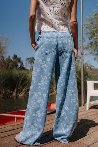 Floral Print Drawstring Wide-Leg Baggy Jeans