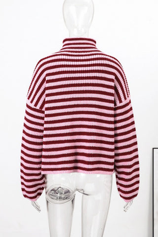 Striped Zip-Up Mock Neck Cardigan