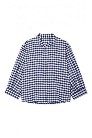 Plaid Band Collar Top and Drawstring Short Set