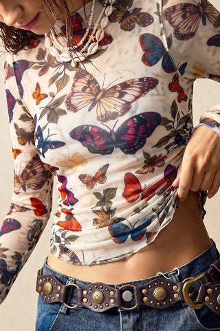 Butterfly Print Mock Neck Mesh Top