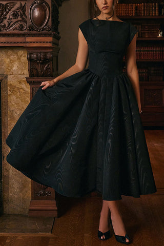 Boat Neck Cap Sleeve Fit and Flare Midi Dress