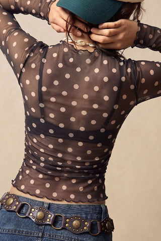 Sheer Polka Dot Mock Neck Long Sleeve Top
