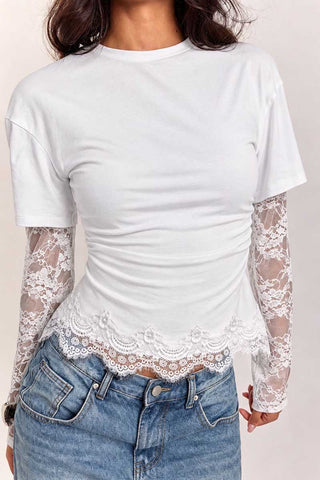 Sheer Lace Sleeve Ruched Crew Neck Top
