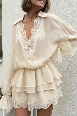 Sheer Lace V-Neck Ruffle Mini Dress