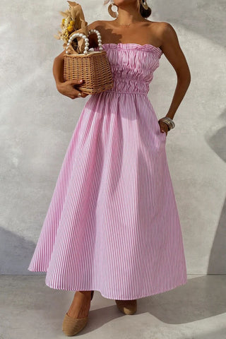 Striped Smocked Strapless Maxi Casual Dress