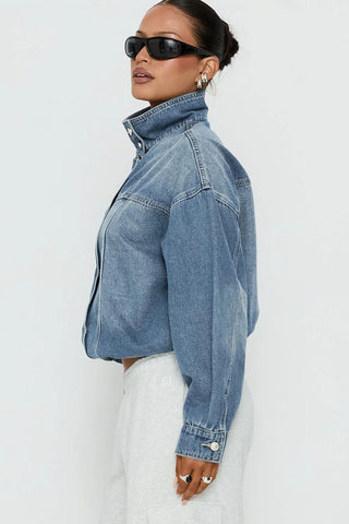 High Collar Crop Denim Jacket