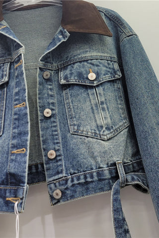 Contrast Collar Crop Denim Jacket