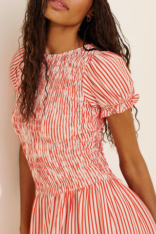 Smocked Puff Sleeve Striped Midi Dress