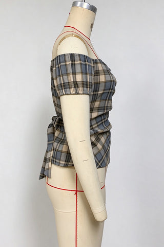 Plaid Off-Shoulder Button-Front Blouse