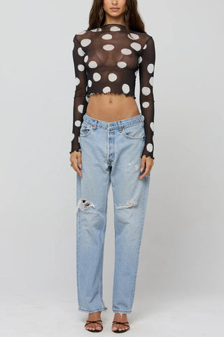 Sheer Polka Dot Mock Neck Crop Top