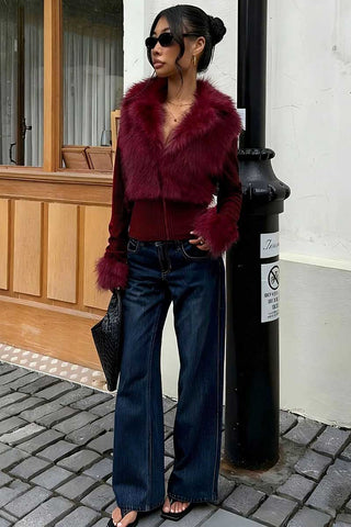 Faux Fur Collar Ribbed Zip-Up Jacket