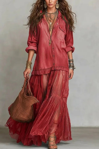 Boho Sheer Panel Maxi Shirt Dress