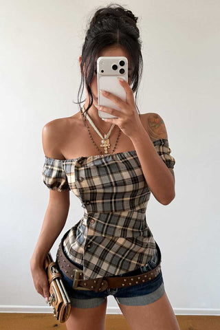 Plaid Off-Shoulder Button-Front Blouse