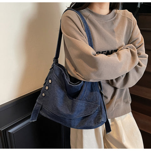 Button Denim Hobo Bag