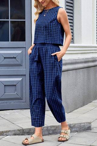 Sleeveless Plaid High-Waist Pants Set