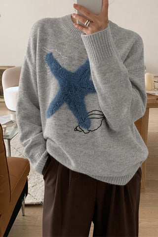 Fuzzy Star Graphic Crew Neck Sweater
