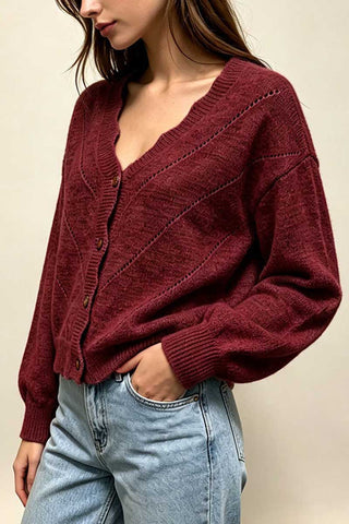 V-Neck Pointelle Knit Button-Front Cardigan