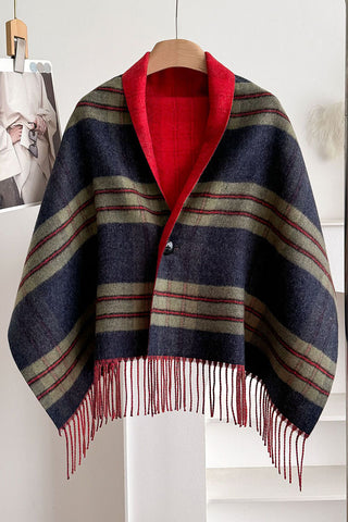Plaid Fringed Wrap Poncho Scarf