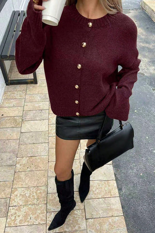 Button Crew Neck Knit Cardigan