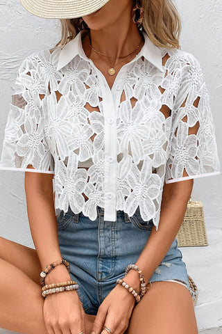 Floral Cutout Crochet Button-Front Shirt