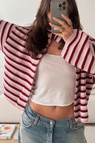 Striped Zip-Up Mock Neck Cardigan