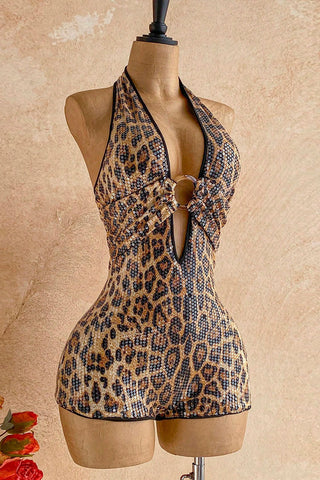 Sequin Halter Cutout Bodycon Romper