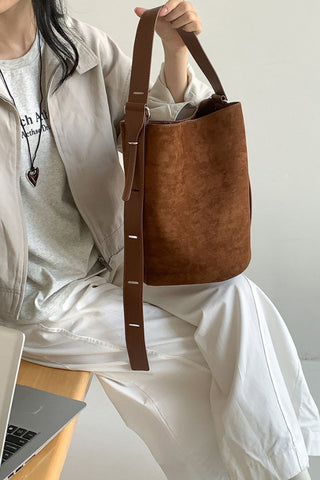 Suede Long-Strap Bucket Tote Bag