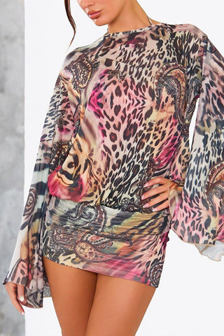 Animal Print Bell Sleeve Mini Casual Dress