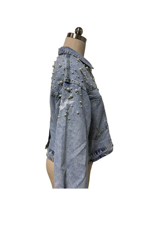 Pearl Star Embellished Distressed Denim Jacket