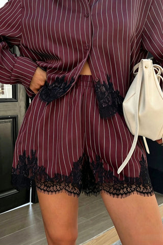 Strip Button-Front Lace Trim Short Set