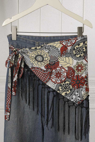 Patchwork Fringe Tie Waist Wrap Skirt