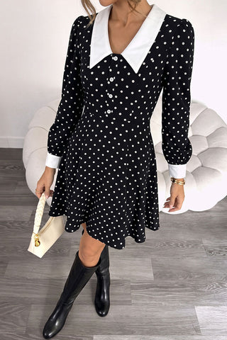 Polka Dot Contrast Collar Long Sleeve Mini Dress