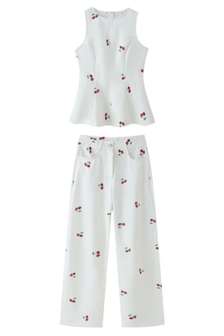 Print Sleeveless Peplum Top and Wide-Leg Pants Set