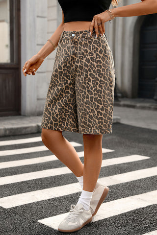Leopard Print High-Waist Denim Shorts