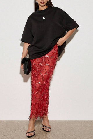 Sequin Beaded Sheer Midi Skirt