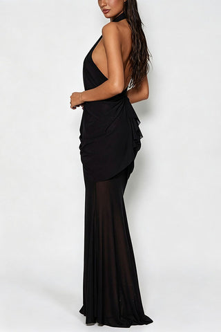 Ruched Halter Butterfly Maxi Casual Dress