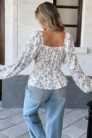 Floral Sweetheart Neck Smocked Blouse