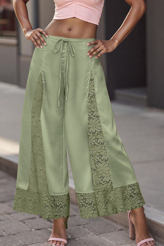 Lace Insert Drawstring Wide-Leg Casual Pants