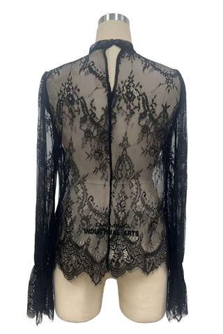 Sheer Floral Lace Mock Neck Bell Sleeve Blouse