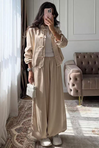 Tie Closure Stand Collar Wide Leg Pants Set