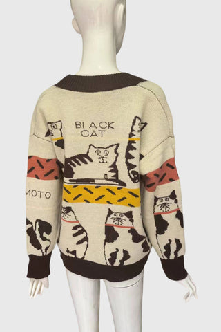 Cat Print V-Neck Cardigan