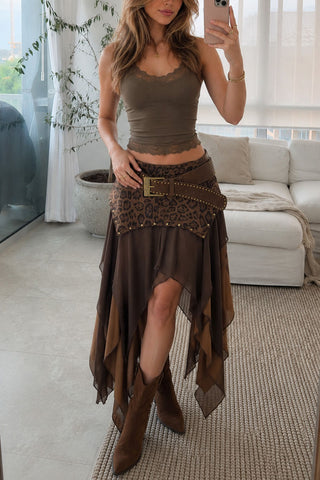 Studded Belt Asymmetrical Ruffle Midi Skirt