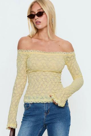 Off-Shoulder Lace Ruched Long Sleeve Top