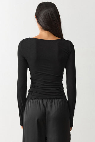 Ruched Boat Neck Long Sleeve Crop Top