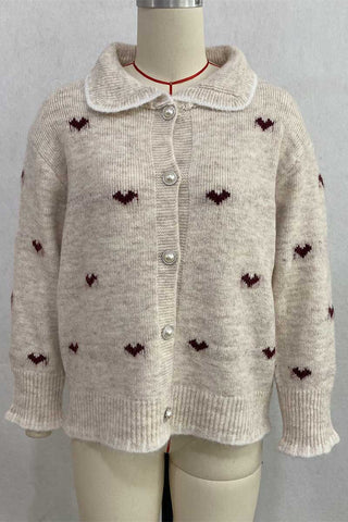 Heart Pattern Button-Front Knit Cardigan