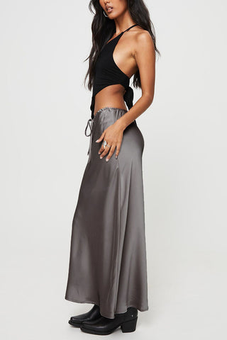 Satin Drawstring Waist Slip Midi Skirt